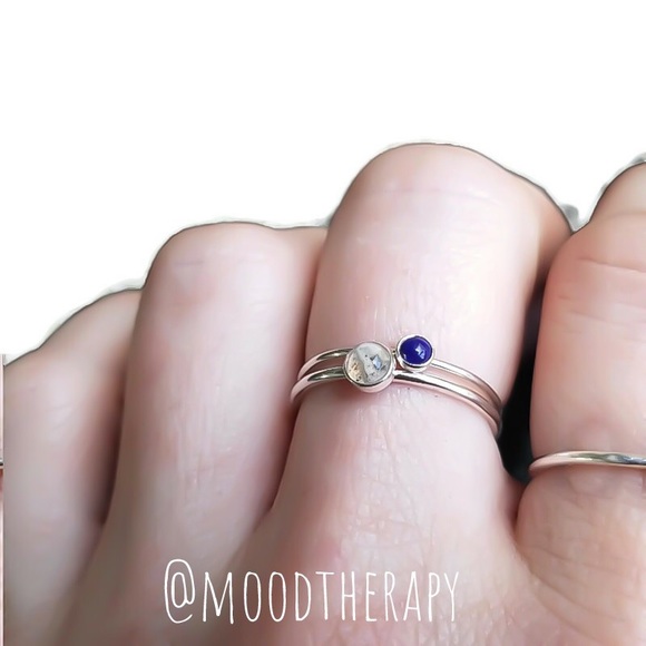 (2-13) 925 Sterling Silver 4mm lapis lazuli gemstone beaded band stacking ring - Picture 4 of 9